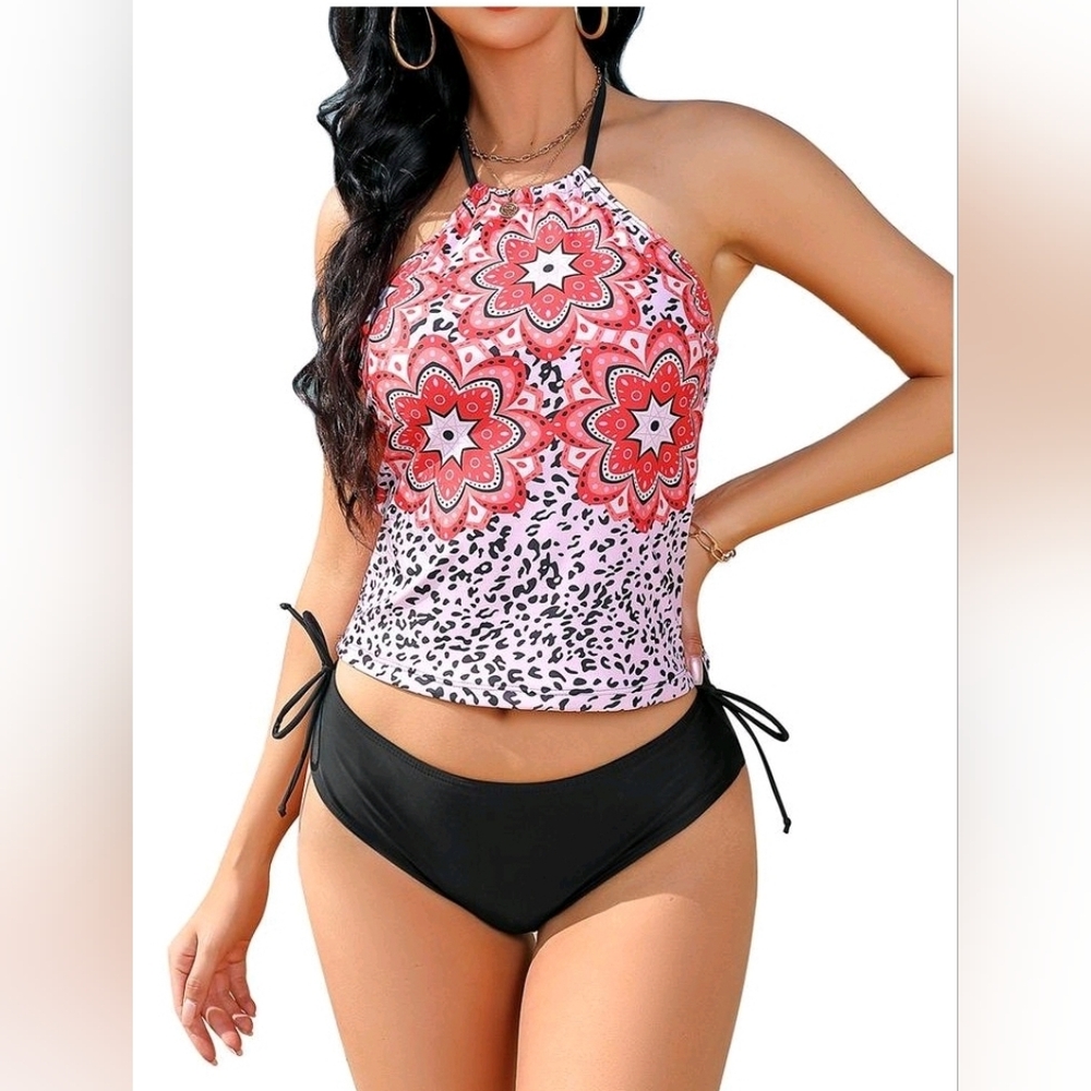 New! Blueming Womens Large Floral and Leopard Print Halter Tankini Swimsuit